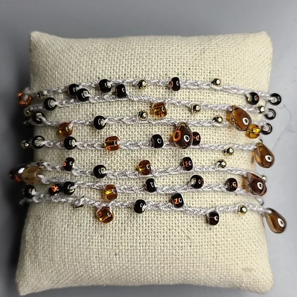 Women's Wrap Bracelet Light Gray Gold Brown Beads Handmade Crochet Everyday Cute - Picture 4 of 6